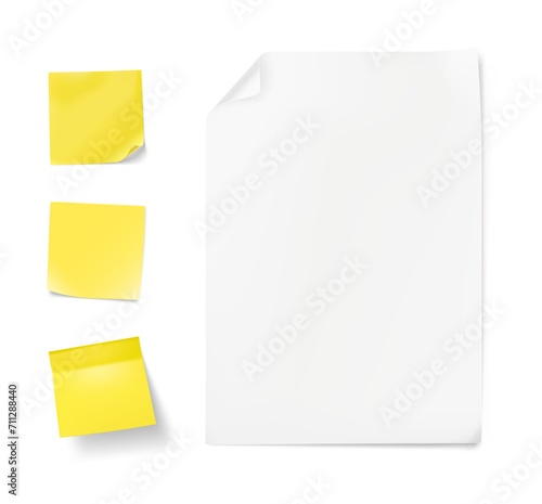 Curled blank paper sheet with set of yellow stick paper notes mockups. Vector illustration isolated on white background. Can be use for your design. Ready for your presentation. EPS10.	