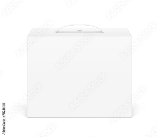 Cardboard bag box with plastic handle mockup. Front view. Vector illustration isolated on white background. Ready and simple to use for your design. EPS10.