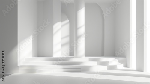 Minimalist Architectural Design Showcasing Pure White Structures with Graceful Shadows in a Serene Setting