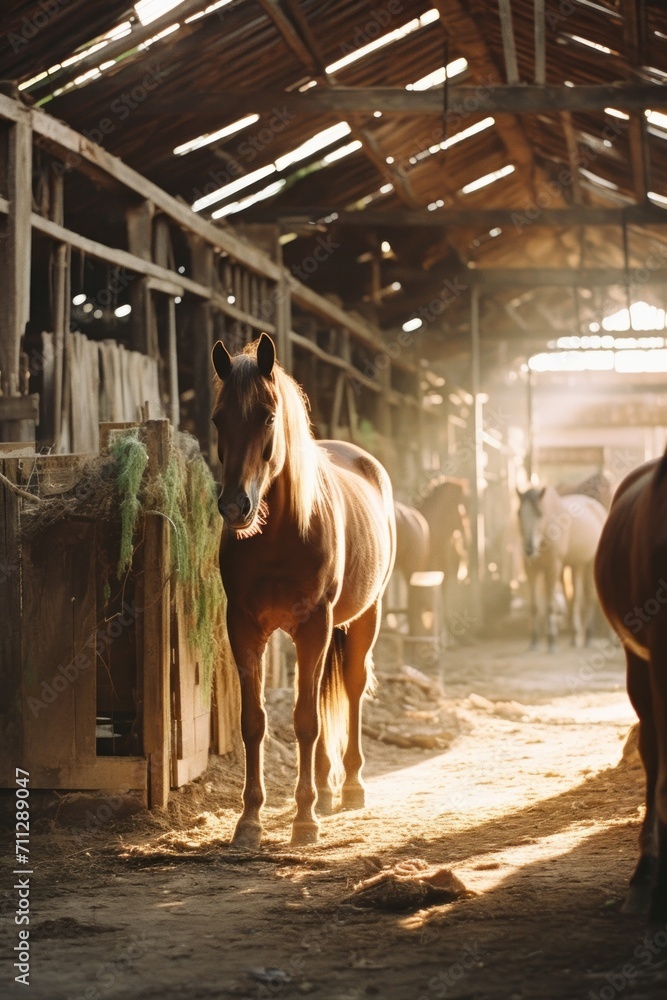 Naklejka premium An artistic view of a stable interior, highlighting the rustic architecture and horses within.
