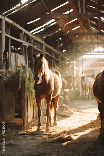 An artistic view of a stable interior, highlighting the rustic architecture and horses within.