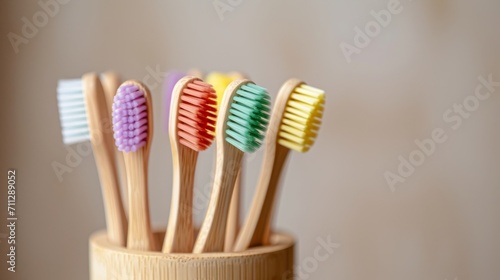 Eco-Friendly Bamboo Toothbrushes with Colorful Bristles in a Sustainable Wooden Holder against a Neutral Background