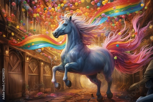 A whimsical scene of a horse playfully tossing its mane inside a brightly decorated stable.