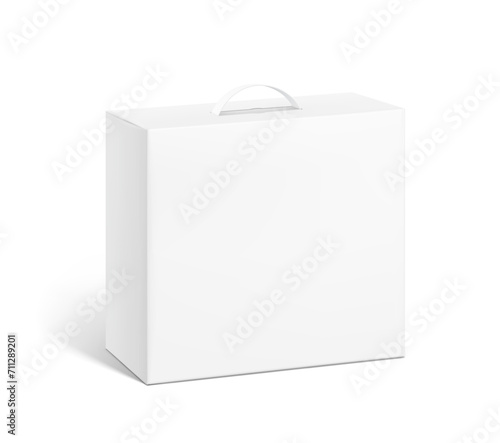 Cardboard bag box with plastic handle mockup. Half side view.  Vector illustration isolated on white background. Ready and simple to use for your design. EPS10.