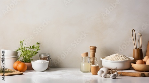 Baking ingredients and utensils on white table against light wall.