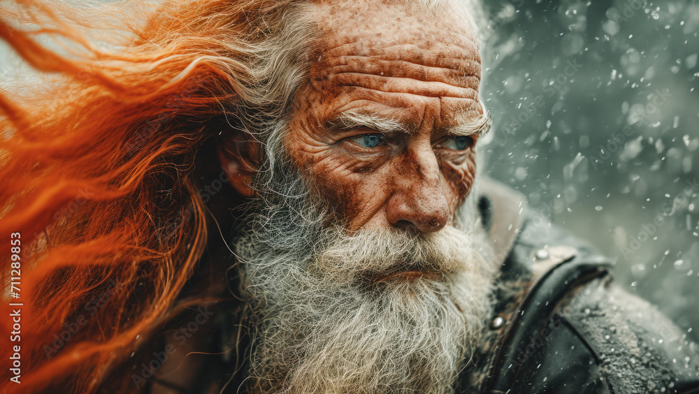 Senior biker with fiery red hair and gray beard sits on a bike in the rain, opportunity and passion for travel in old age, quality aging