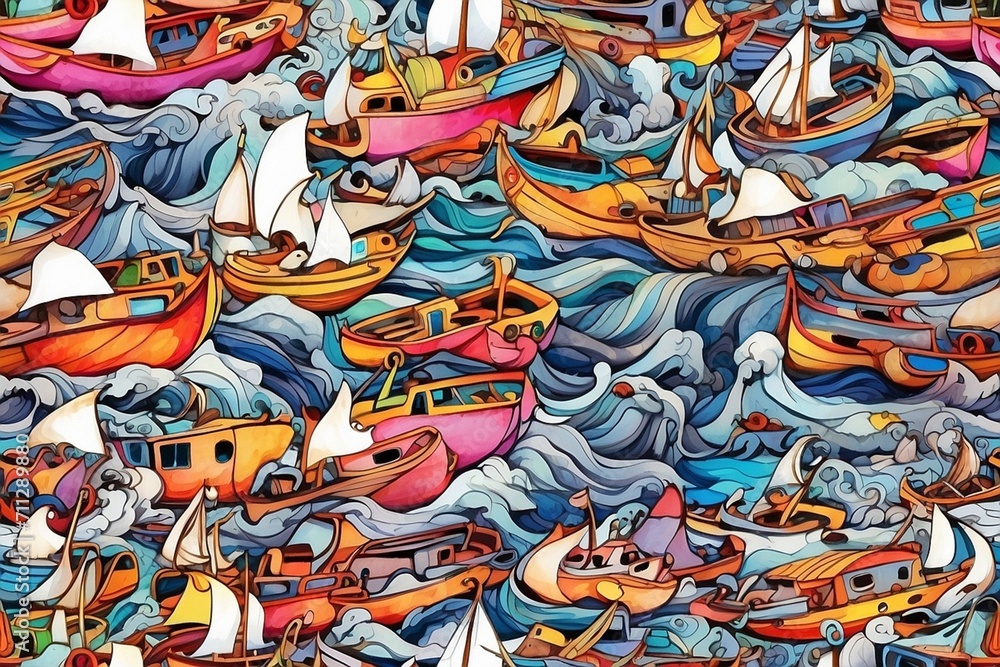 Fototapeta premium Colorful boats in the ocean (Japan Style)