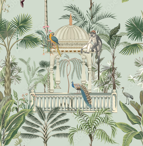 Mughal traditional garden, elephant ride, caravan. Traditional tropical seamless chinoiserie pattern vector photo