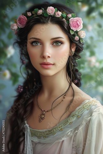 A beautiful young girl with a wreath of fresh flowers on her head against a background of nature.