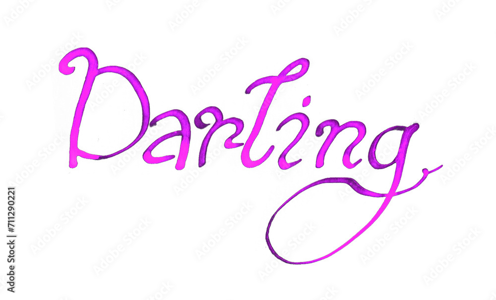 The word Darling in pink and purple on a white background. Calligraphy. The letters have a gradient from pink to purple. Round shape. Italic font. Lettering. A love card. Valentine's Day.