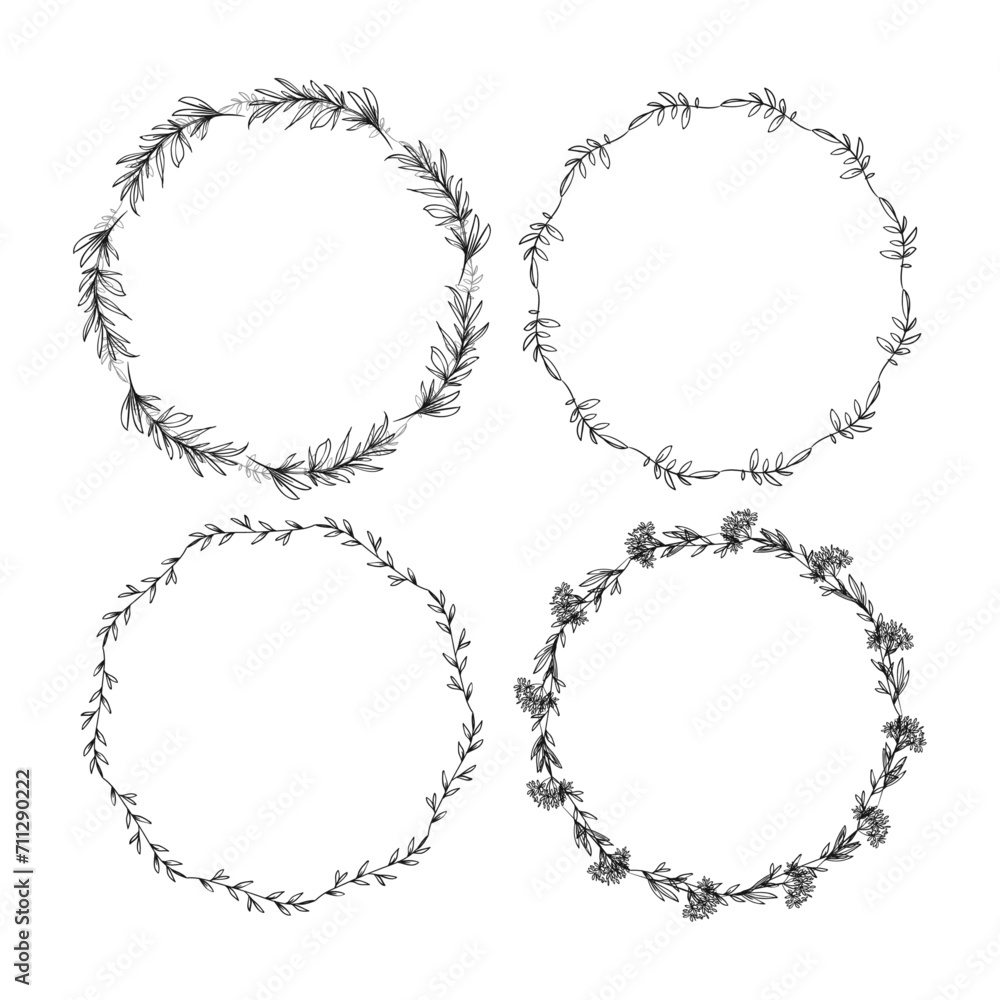 Set of hand drawn floral wreaths with leaves, flowers Set of hand drawn floral wreaths with leaves, flowers