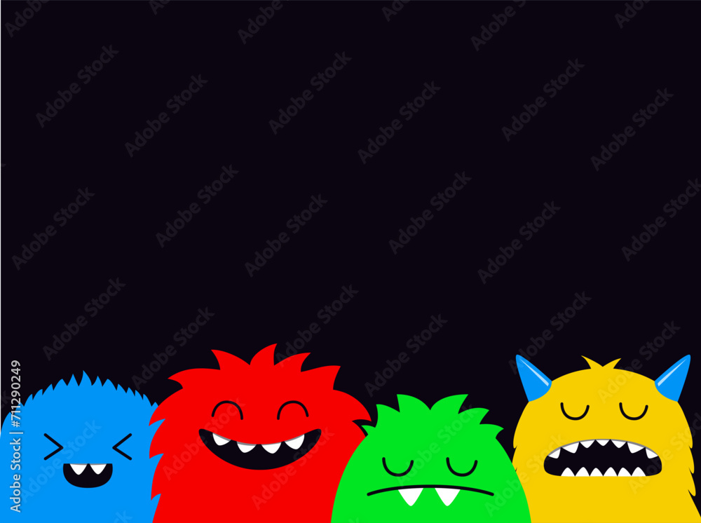 Fototapeta premium Monster colorful silhouette face head icon set line. Eyes, , fang tooth. Happy Halloween. Cute cartoon kawaii scary funny boo baby character. Banner template. Black background. Flat design.