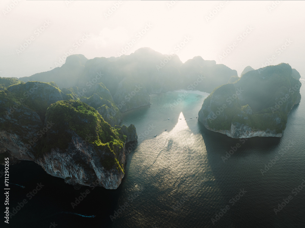 View from above, stunning aerial view of Ko Phi Phi Lee, a ring of steep limestone hills surrounding Maya Bay. Andaman Sea, Krabi, Thailand.