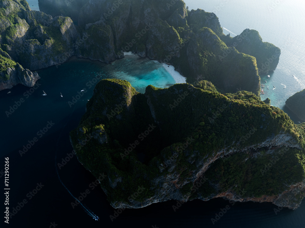 View from above, stunning aerial view of Ko Phi Phi Lee, a ring of steep limestone hills surrounding Maya Bay. Andaman Sea, Krabi, Thailand.