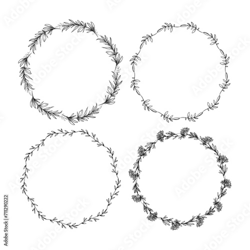 Set of hand drawn floral wreaths with leaves, flowers
