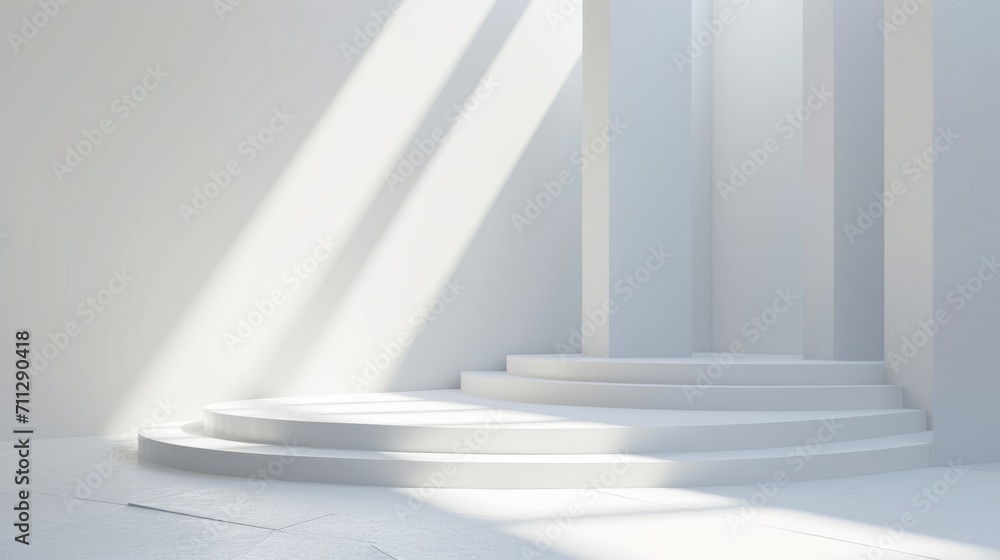 Fototapeta premium Minimalist Architectural Design Bathed in Sunlight, Creating a Play of Light and Shadow on White Surfaces