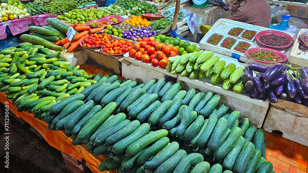 Food market Colorful asian food market with fruits and vegetables, local laos food