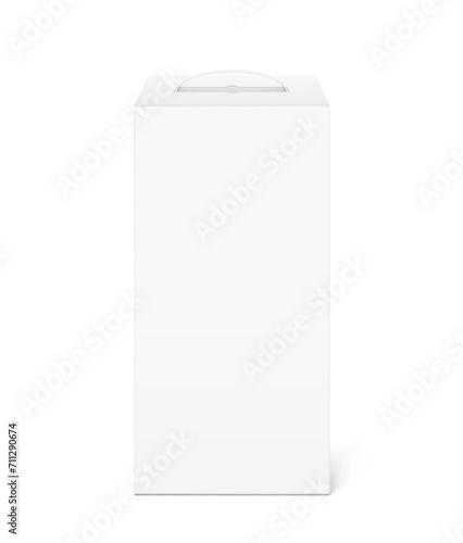Cardboard bag box with plastic handle mockup. Front view. Vector illustration isolated on white background. Ready and simple to use for your design. EPS10.