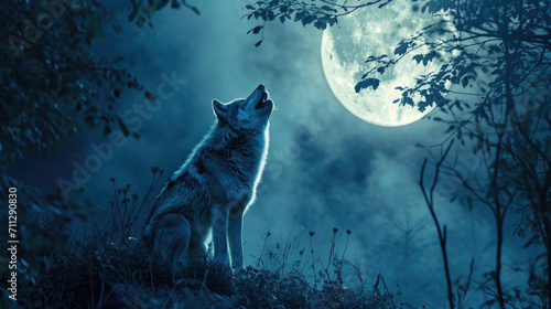 A lone werewolf, transformed by the magic of the full moon, raises its head to the sky and lets out a primal howl that sends shivers down the spines of those who hear it. Fantasy art photo