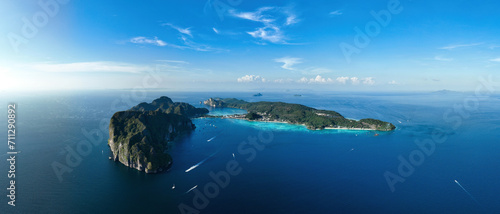 Panoramic view from above, stunning aerial view of Ko Phi Phi Don. Ko Phi Phi Don is the main island of Thailand’s Ko Phi Phi archipelago. Andaman Sea, Krabi, Thailand.