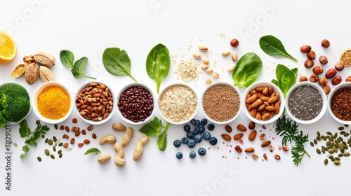 Assorted Superfoods in Bowls on White Background, Nutritional Choices for Wellness