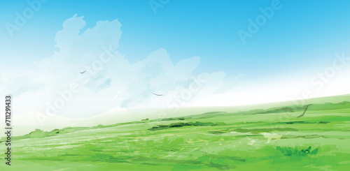 Spring watercolor. Beauty in nature. Blooming wildflowers. Green fields, blue sky. Spring time horisontal banner. 