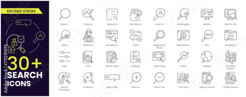 Search stroke line icon set. Containing magnifying glass, find, research, SEO and investigate icons. Stroke outline icon collection. Editable stroke. photo