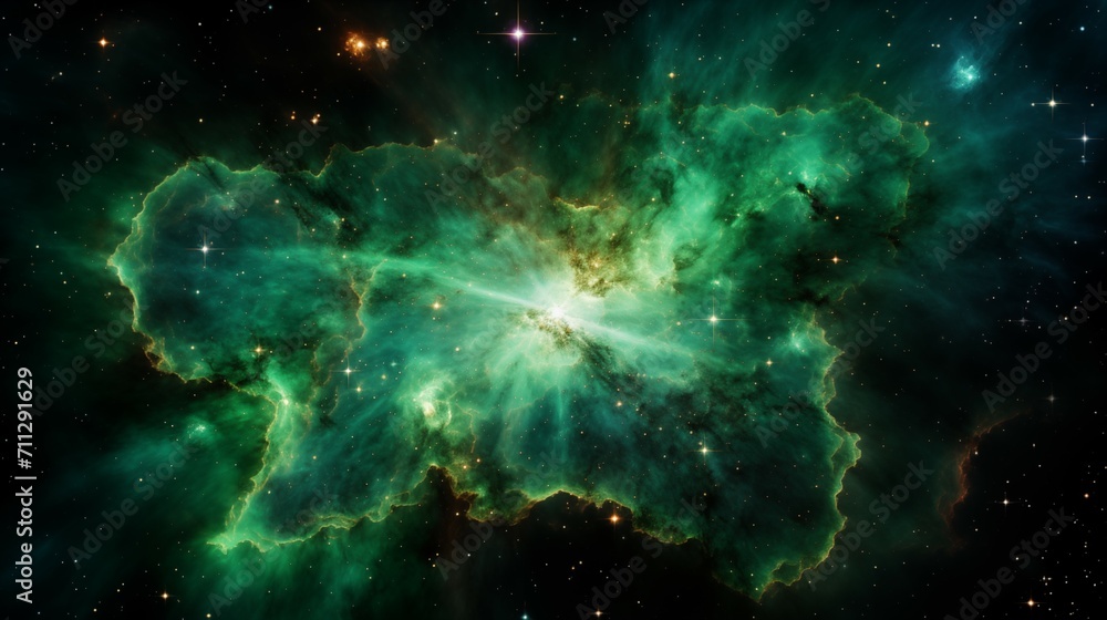 Green Nebula in Space with Sparkling Stars and Cosmic Dust