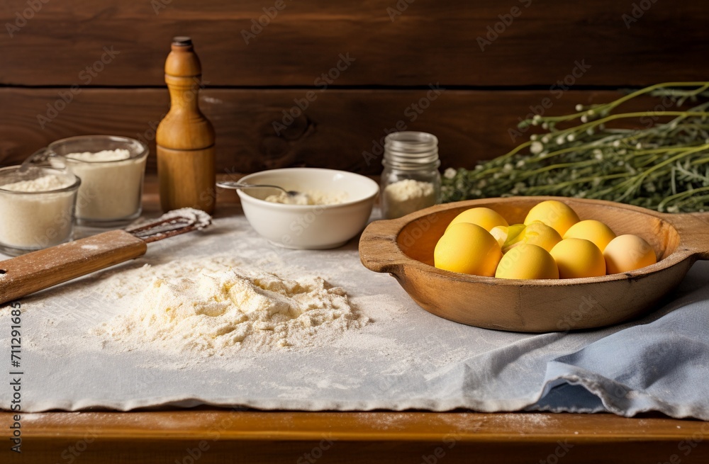 Baking ingredients on wooden table with flour, eggs and rolling pin. Baking ingredients on wooden table with flour, eggs and rolling pin.