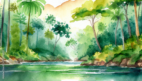 Watercolor Art Painting  Enigmatic Rainforest Ethereally on Riverbank in Afternoon