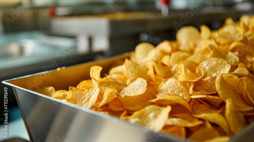 Crispy Golden Potato Chips Freshly Fried, Snack Time Favorites, Piled High in Serving Tray, Fast Food Delicacy, Industrial Kitchen Setting