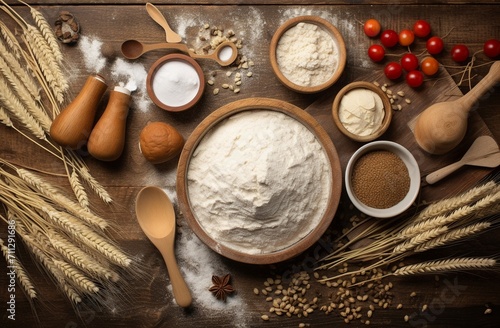 Baking ingredients on rustic wooden background.