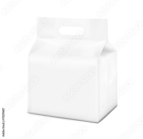 Realistic stand bag with hole handle mockup. Half side view. Vector illustration isolated on white background. Ready for your design. Suite for the presentation of diaper, foods, wet wipe.