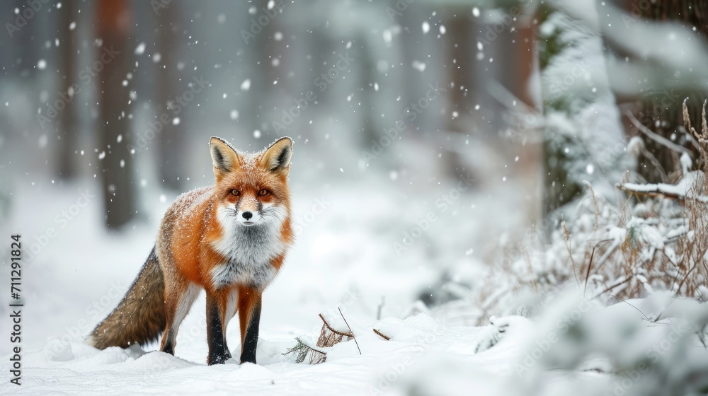 Winter's Watcher: Majestic Red Fox Standing in Snowy Forest, Snowflakes Adorning Its Fur, The Wild's Serene Beauty, Nature in Harmony