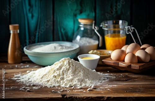 Baking ingredients and kitchen utensils on rustic style background..