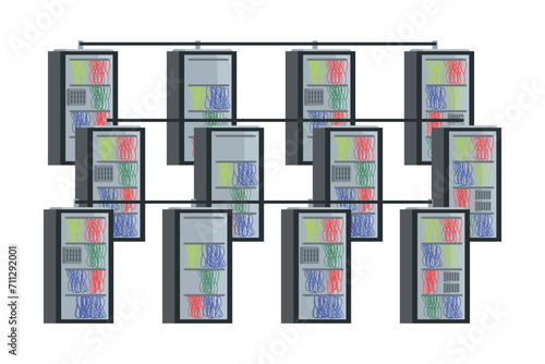 Vector illustration of datacenter server cloud computing front view in cartoon style. Electrical engineering system with wires isolated on white background.