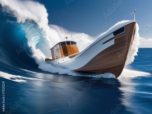 Un barco de madera elegante y moderno, que atraviesa el mar azul profundo con facilidad, dejando un rastro de estela blanca y espumosa photo
