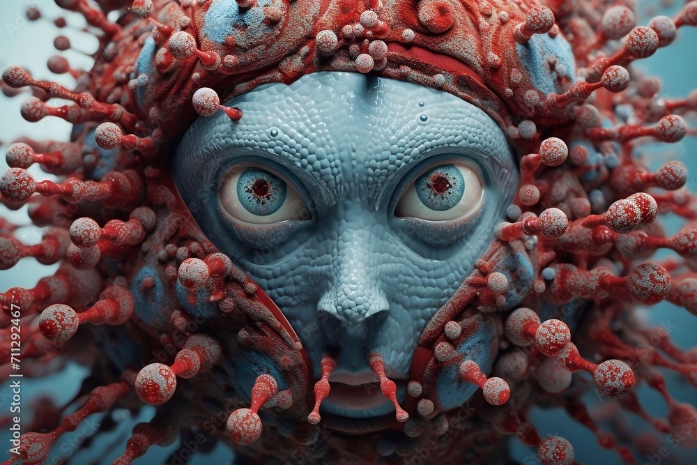 The alien's head is covered in virus and blood cells on a blue face with big eyes. pandemic concept