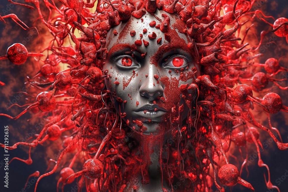 
Virus with a female face with red eyes and blood. Portrait of a person infected with a dangerous virus.
close up of a mask