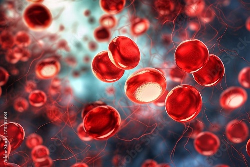 Red blood cells flow through a vein. View of erythrocytes in the human body, medical concept