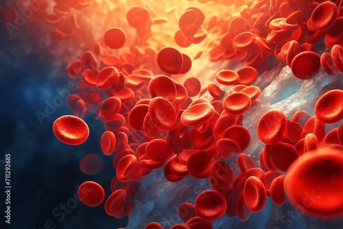 Red blood cells flow in a vein on a dark blue background. Microscopic view of blood cells