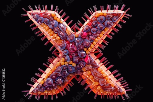 3d render of dna molecule. The letter X consists of virus cells. Virus in the form of a letter X on a black background