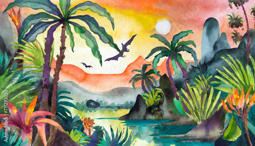 Watercolor Art Painting  Tropical Fantasy with Hidden Creatures Mysteriously at Dusk