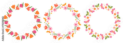 Set of floral round frames. International Women's Day. March 8. Mother's Day. Decorative elements for greeting card, wedding, birthday, invitation, banner, sale, scrapbooking. Vector illustration.