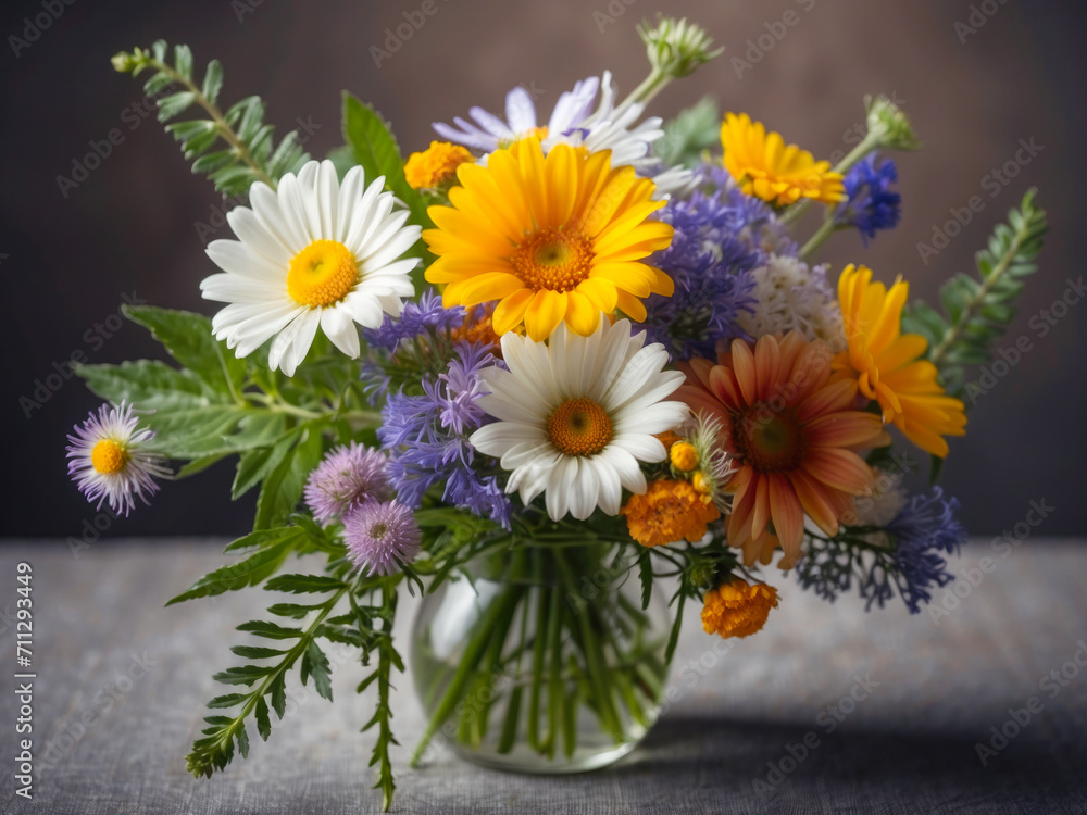 Fototapeta premium Bouquet of wild flowers in vase at dark background.