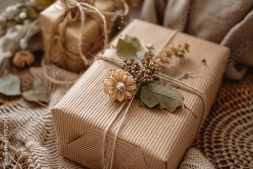 Resourceful and sustainable gift wrapping using natural elements such as twine, leaves, and dried flowers, celebrating eco-friendly practices. Soft focus.
