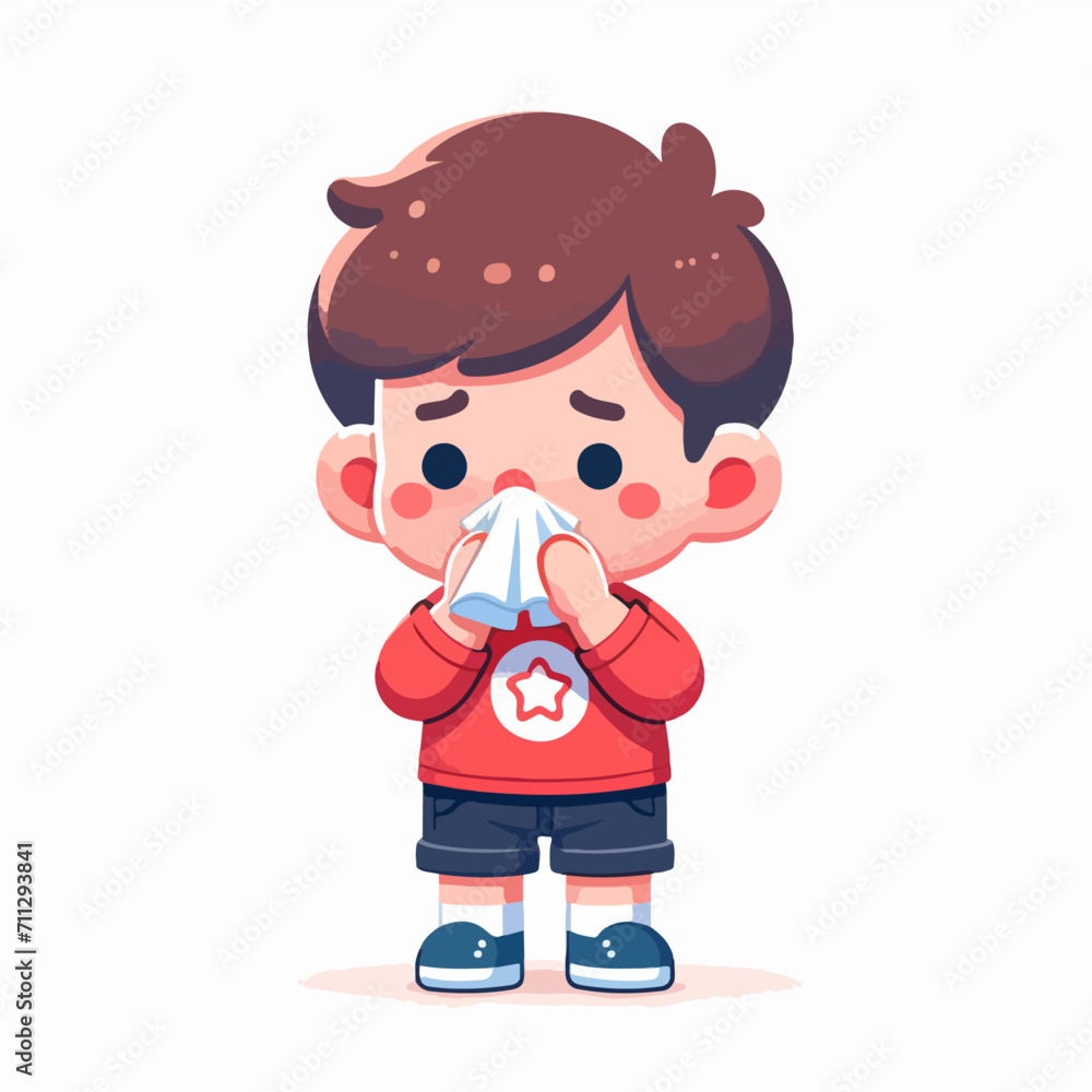 cartoon vector flat design of little boy sneezing concerned expression using tissue