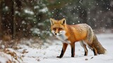 Red Fox in a Snowy Forest with Snowflakes Falling Around