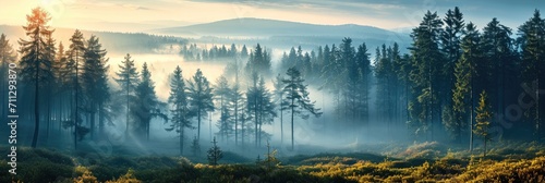 A wide panorama of forest in the morning fog in spring. Generative AI. © visoot