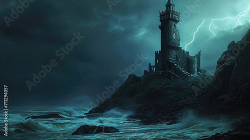 Despite its isolation, the tower seemed to hold a mysterious air, as if hiding secrets within its shadowy walls, while the restless waves below danced to their own dark tune. Fantasy art